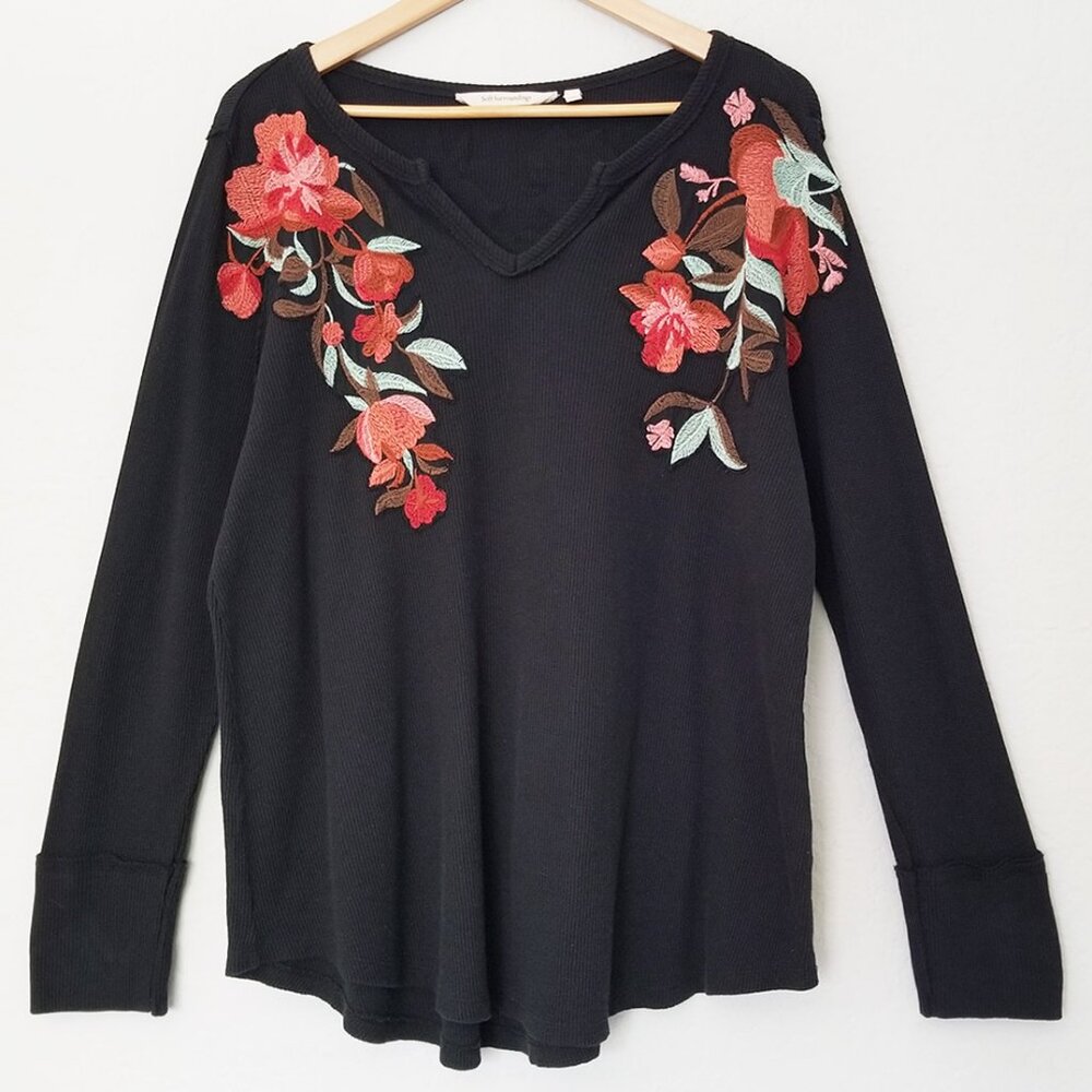 Soft Surroundings Wildflower Floral Embroidered Thermal Top Waffle Knit Black L